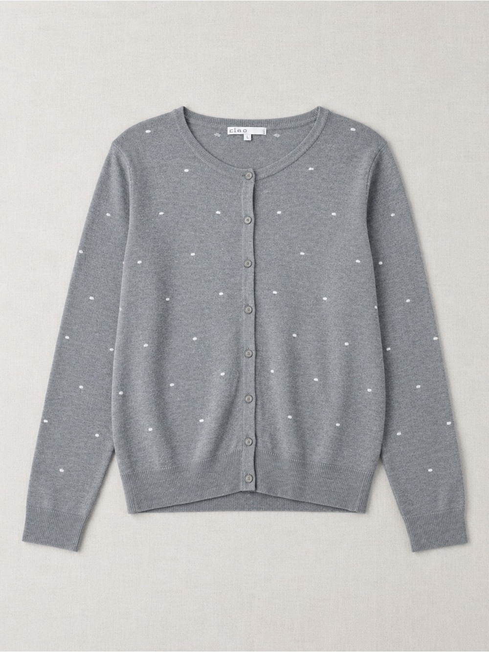 cleo Gray Crewneck Button-Front Dot Cardigan